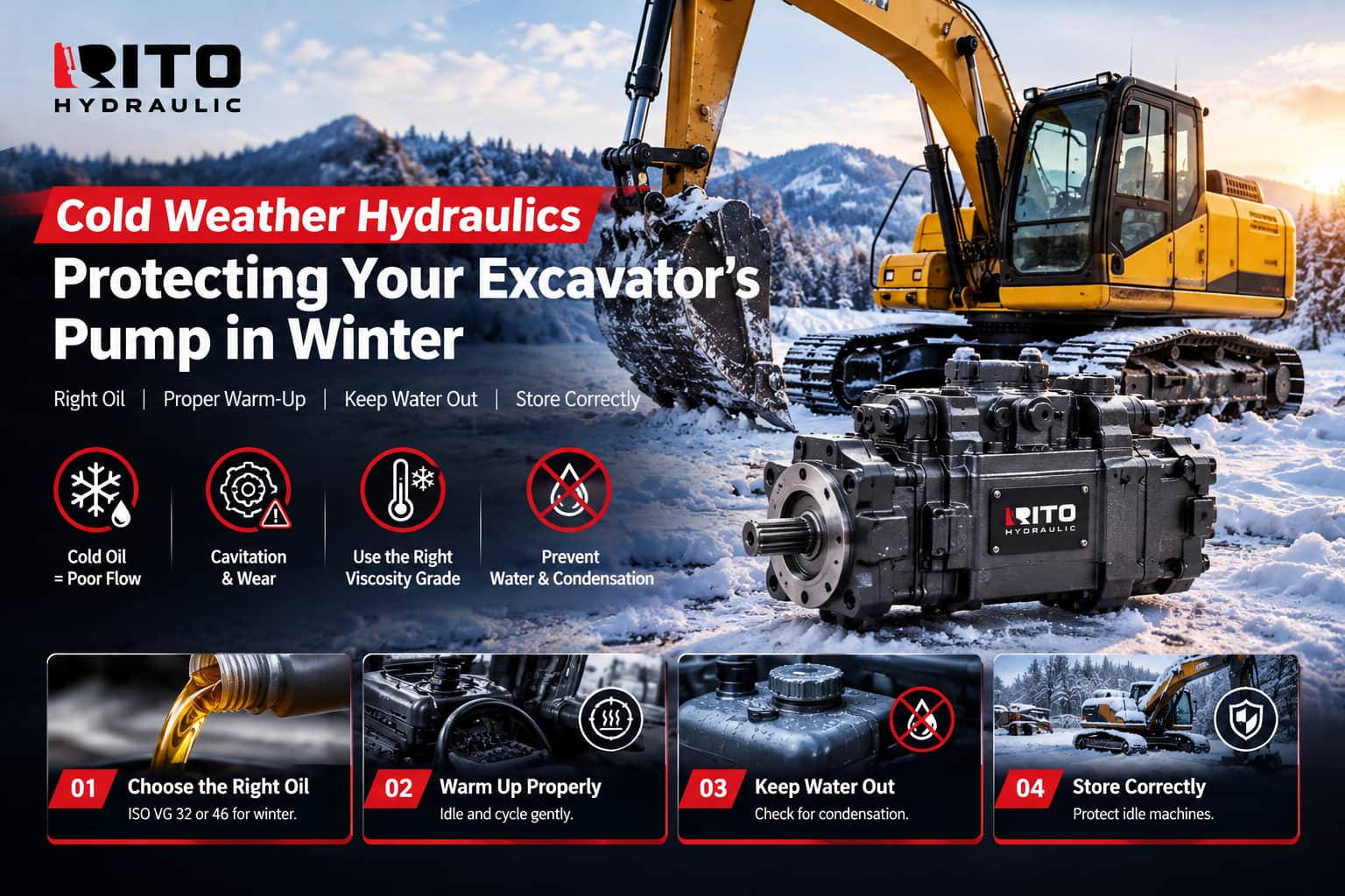 Cold-weather excavator hydraulic protection guide - RITO HYDRAULIC