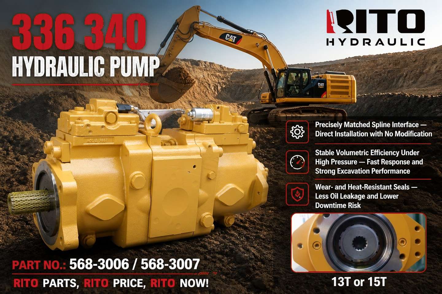 Гидравлический насос CAT 336 / 340: сравнение 568-3006 и 568-3007, а также руководство по шлицевому соединению 13T / 15T (2026)