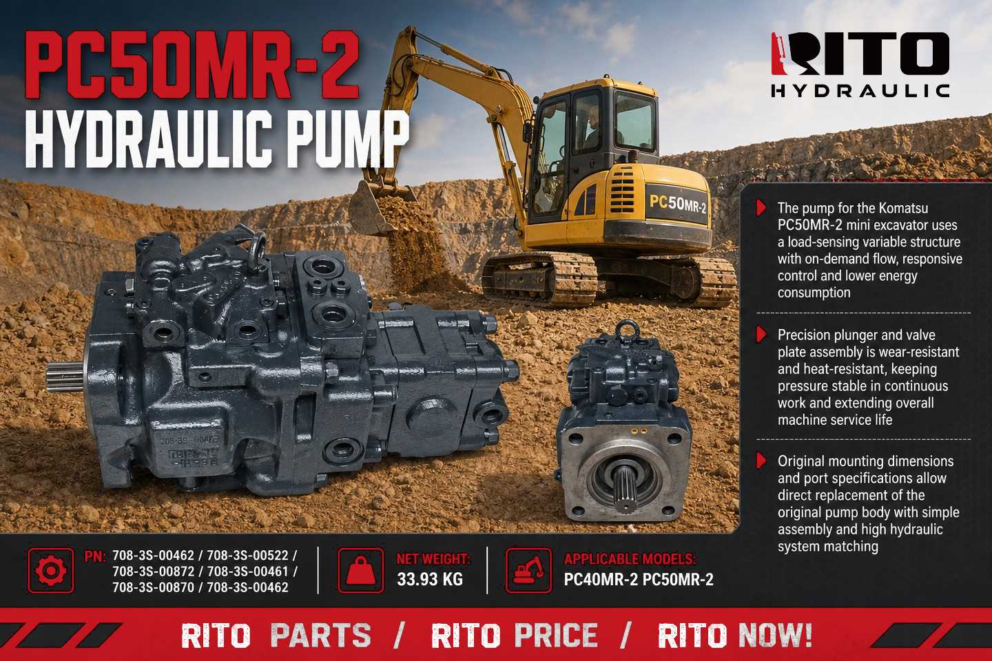 Гидравлический насос для Komatsu PC40MR-2 / PC50MR-2: как подобрать правильный номер детали (708-3S-00462 и аналоги, 2026)